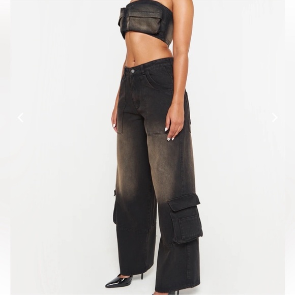 NWT Luxe To Kill Black/Brown Wash Oversized Cargo Jeans Size UK 4 US 0 - Picture 2 of 6
